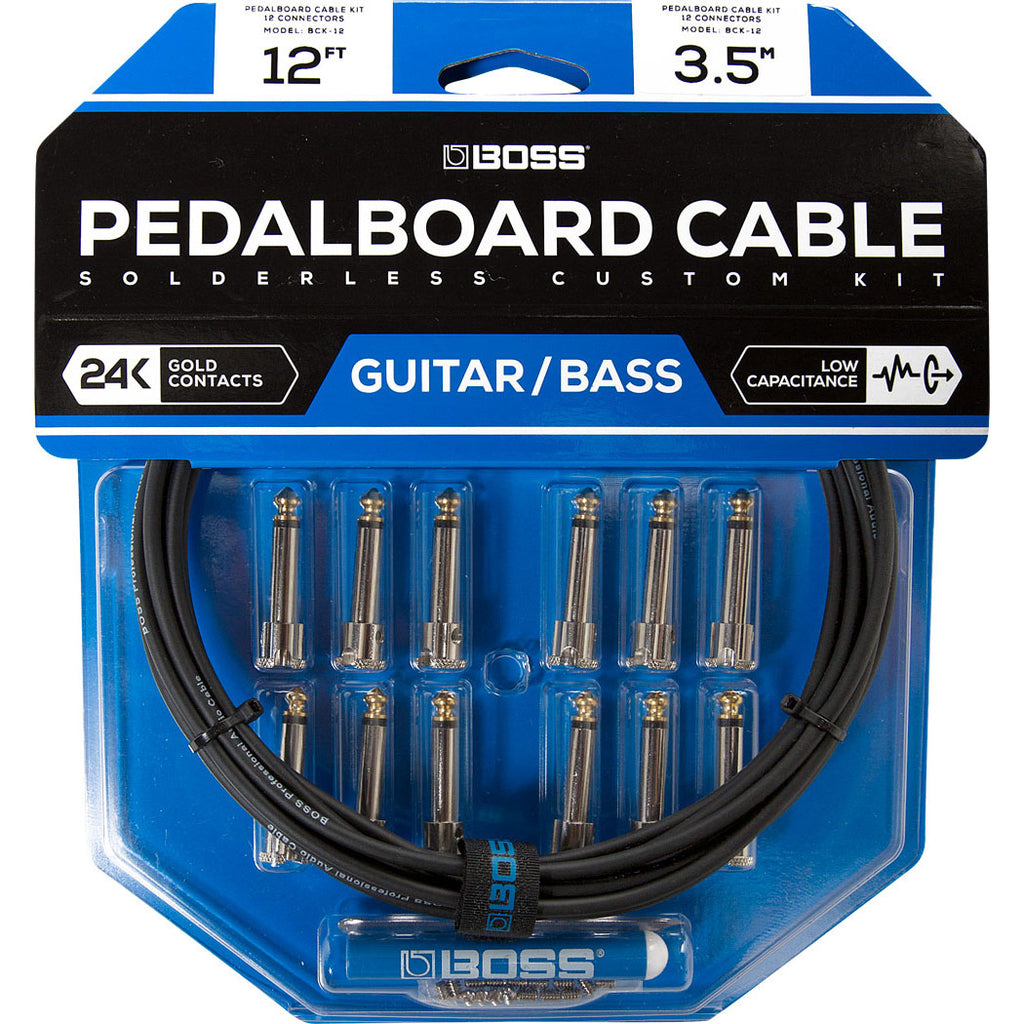 BOSS pedalboard cable solderless custom kit for guitar/bass. 14k gold contacts, Low capacitance. Blue packaging containing long cable and 12 jacks